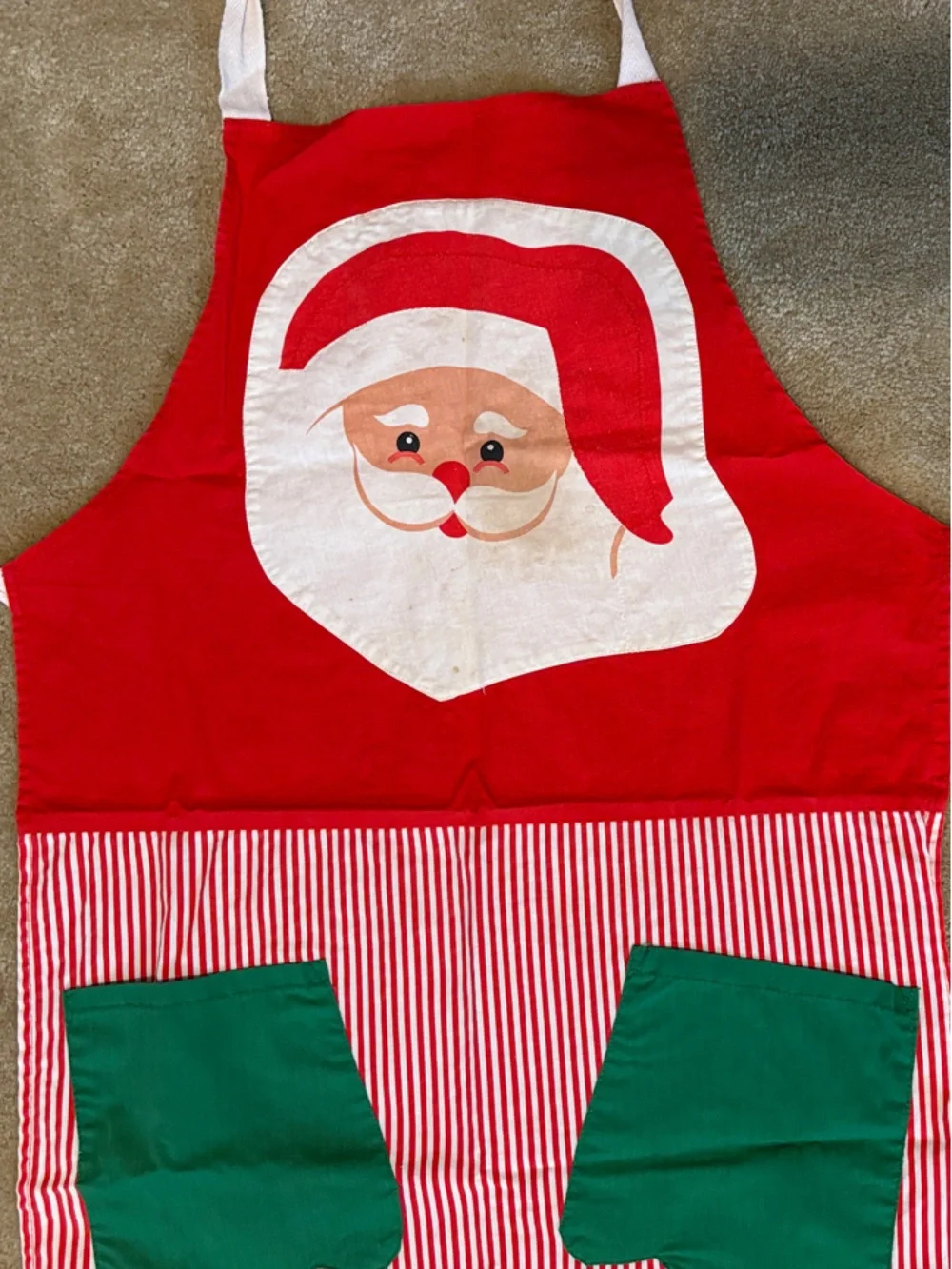 Vintage Russ Christmas Santa Red White & Green Striped Waist-Tie Apron